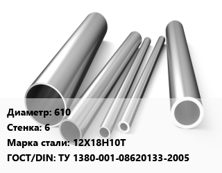 Труба нержавеющая 610х6 мм Сталь 12Х18Н10Т ГОСТ: ТУ 1380-001-08620133-2005 цена от 442800 сом / т, где купить, условия доставки в Оше и Ошской области
